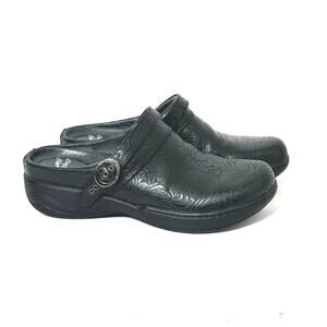 Dansko Women’s Allison Black Leather Floral Tooled Strapped Mule Clogs 40 = 10